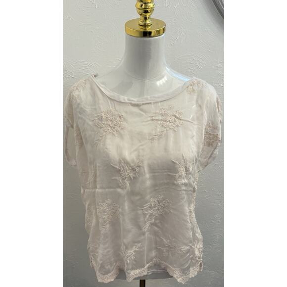 Angela Moda Sheer Silk Blend Floral Embroidered Top Size Large Italy Fairy Ivory - Picture 1 of 7